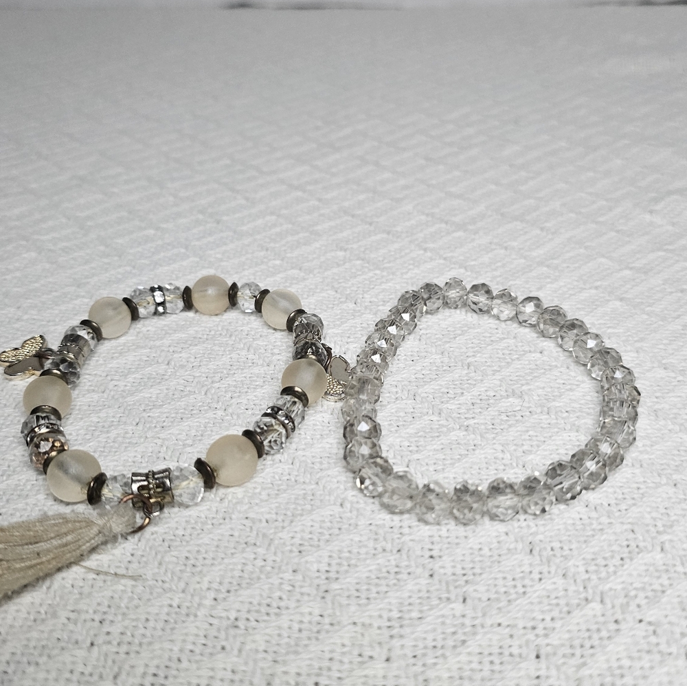Elegant Crystal & Frosted Glass Beaded Stretch Bracelet Set
